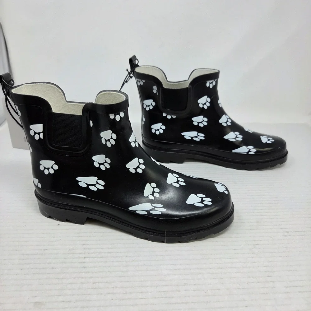 Norty Rain Boots Women 8 Black Paw Print Waterproof Chelsea Lug Sole 654 NWT - Picture 10 of 16